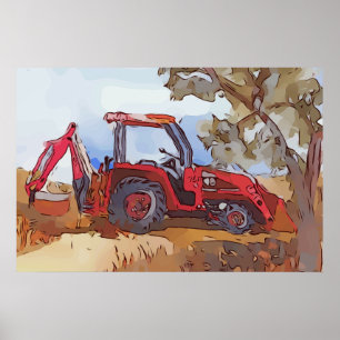 Watercolor of a orange tractor backhoe poster