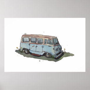 Watercolor of a rusty old antique van poster
