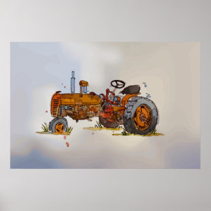 Watercolor of a rusty old orange tractor poster