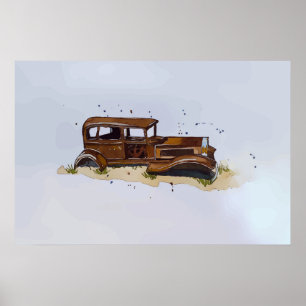 Watercolor of a rusty shell of a pickup truck poster
