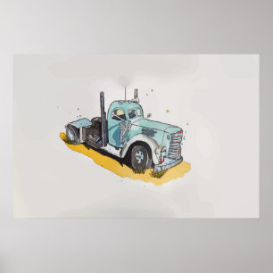 Watercolor of a semi truck stylized poster