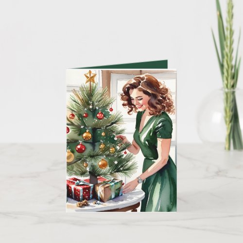 Watercolor of a Women Decorating Christmas Card