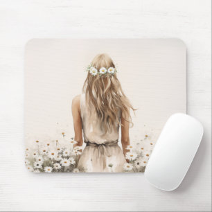Watercolor of a Young Woman In Daisy Field Mouse Pad