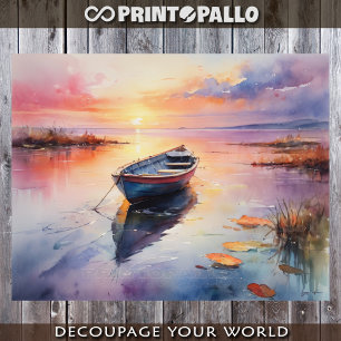 Watercolor of abandoned rawboat in the dawn tissue paper