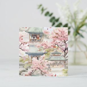Watercolor of Asian Pagoda Amidst Cherry Blossoms