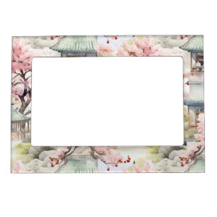 Watercolor of Asian Pagoda Amidst Cherry Blossoms Magnetic Frame