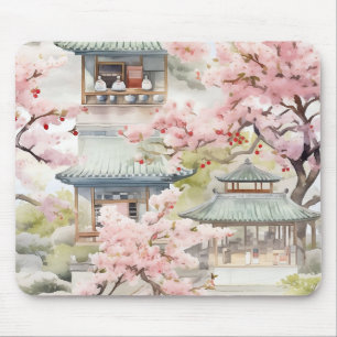 Watercolor of Asian Pagoda Amidst Cherry Blossoms Mouse Pad