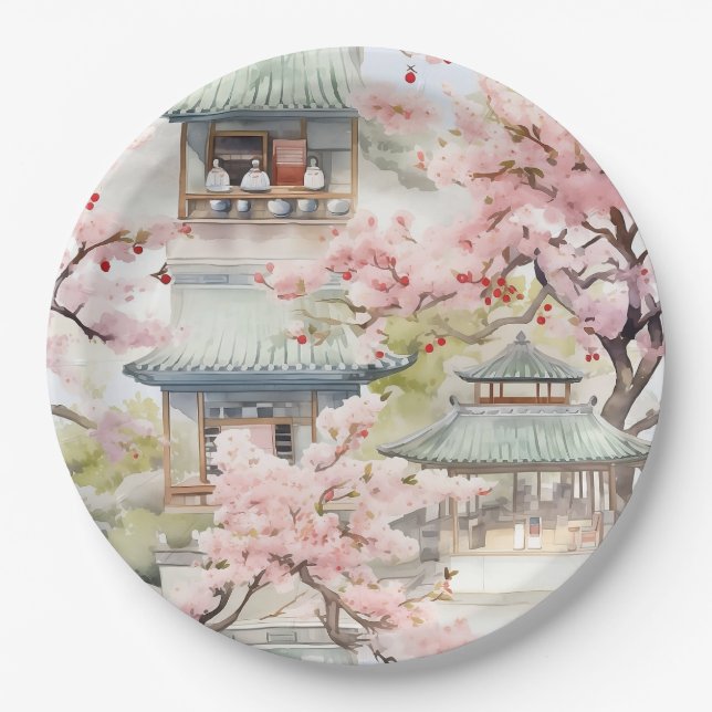 Watercolor of Asian Pagoda Amidst Cherry Blossoms Paper Plates (Front)