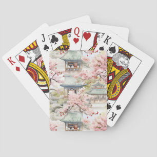 Watercolor of Asian Pagoda Amidst Cherry Blossoms Poker Cards