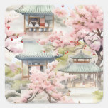 Watercolor of Asian Pagoda Amidst Cherry Blossoms Square Sticker