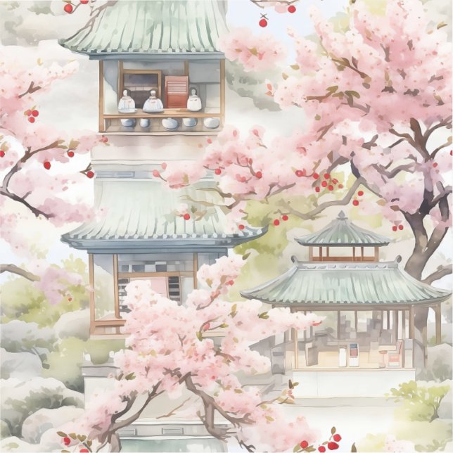 Watercolor of Asian Pagoda Amidst Cherry Blossoms Sticker (Front)