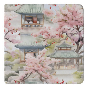 Watercolor of Asian Pagoda Amidst Cherry Blossoms Trivet