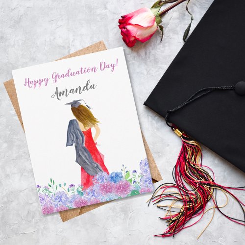 Watercolor of Brunette Hair Girl Graduation  Card