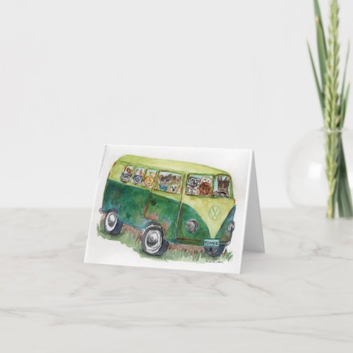 watercolor of bus full of adoptable POMDR dogs Thank You Card