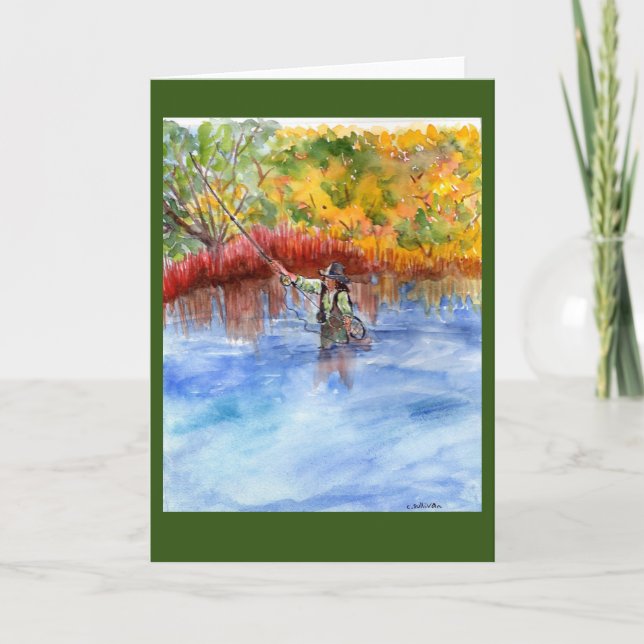 watercolor of flyfisherwoman + autumn colors card (Front)