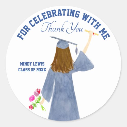 Watercolor Of Graduate With Diploma Thank You Classic Round Sticker