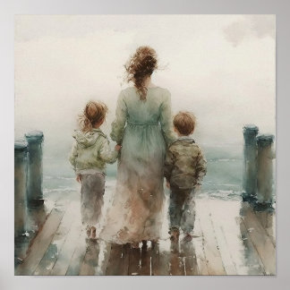 Watercolor of mother and 2 children poster