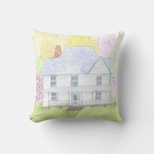 watercolor of mt farm house throw pillow