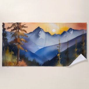 Watercolor of sunrise over snow covered mountains beach towel