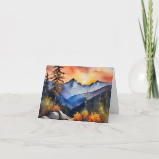 Watercolor of sunrise over snow covered mountains card