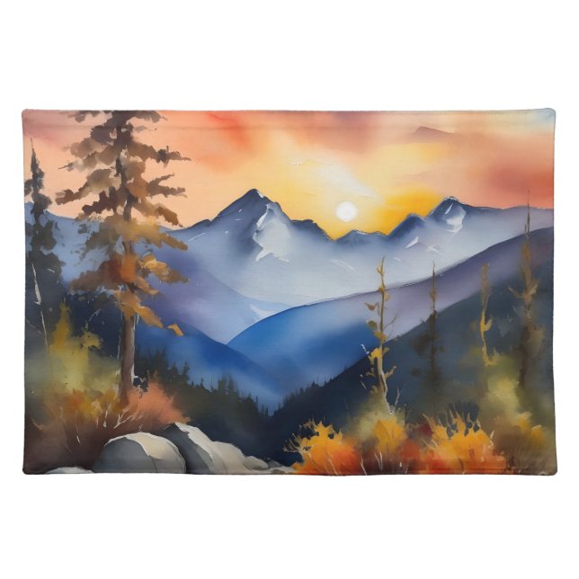 Watercolor of sunrise over snow covered mountains cloth placemat (Front)