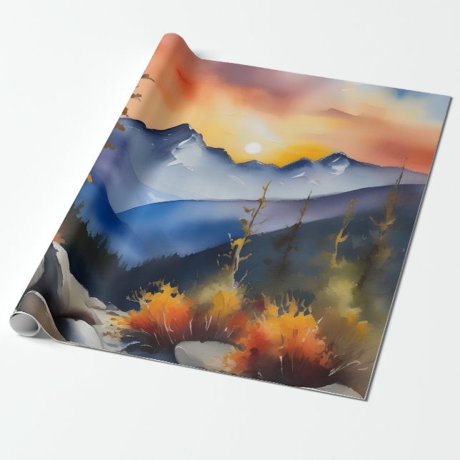 Watercolor of sunrise over snow covered mountains wrapping paper (Unrolled)