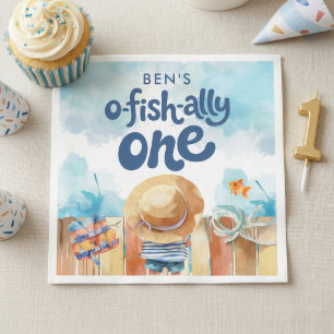 Watercolor Ofishally One Fishing Boy 1st Birthday  Napkins