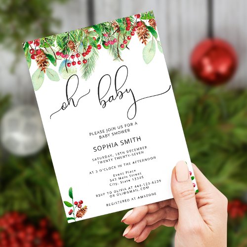 Watercolor Oh Baby Christmas baby shower Invitation