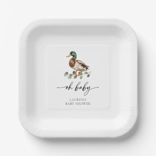 Watercolor Oh Baby Mallard Duck Baby Shower Paper Plates