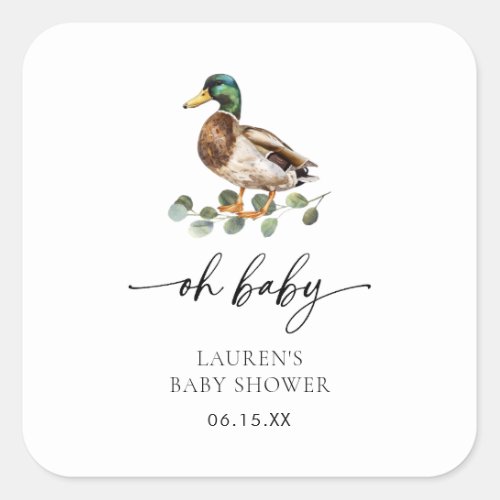 Watercolor Oh Baby Mallard Duck Baby Shower Square Sticker