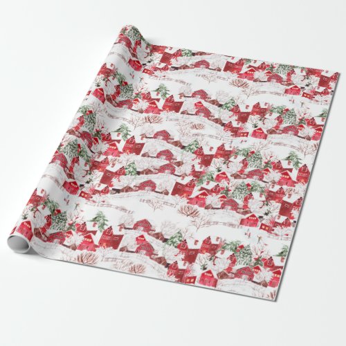 Watercolor Old Christmas Country in Snow Wrapping Paper