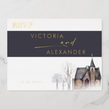 Watercolor Old Church Snow Winter Rsvp Foil Invitation Postcard by rusticwedding at Zazzle