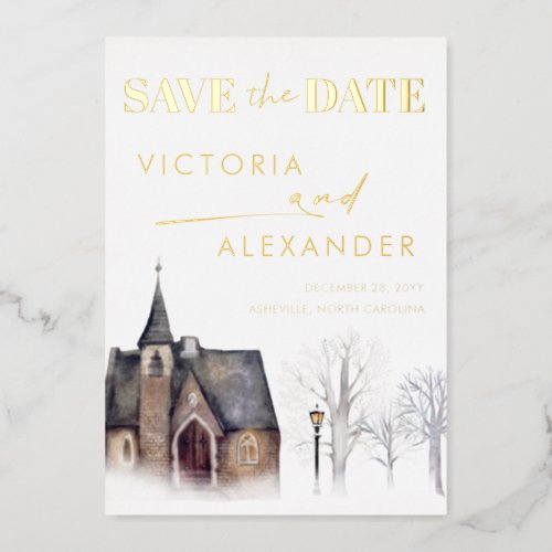 Watercolor Old Church Snow Winter Save The Date Foil Invitation