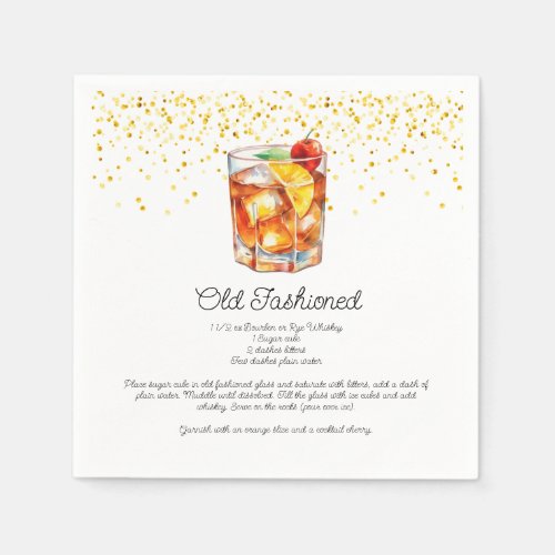 Watercolor Old Fashioned Custom Cocktail Recipe Napkins