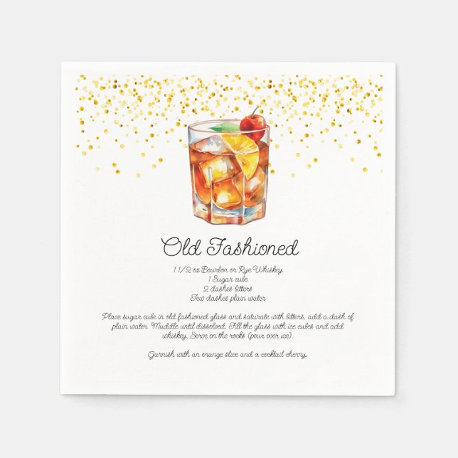 Watercolor Old Fashioned Custom Cocktail Recipe Napkins (Front)
