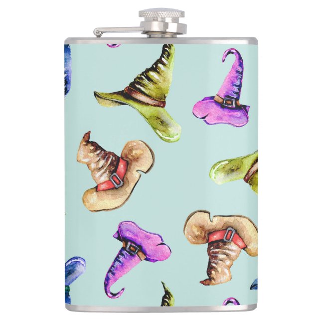 Watercolor old hats: blue background. flask (Front)