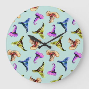 Watercolor old hats: blue background. large clock