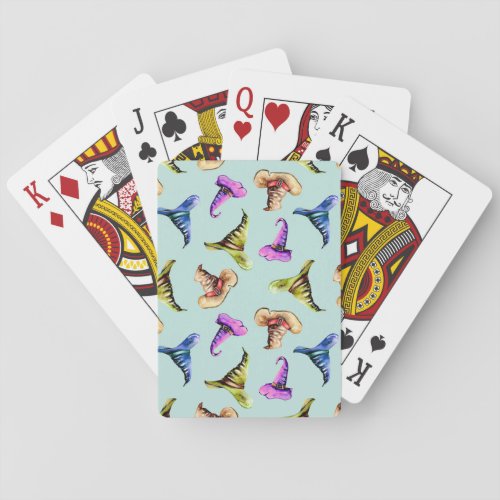 Watercolor old hats blue background playing cards