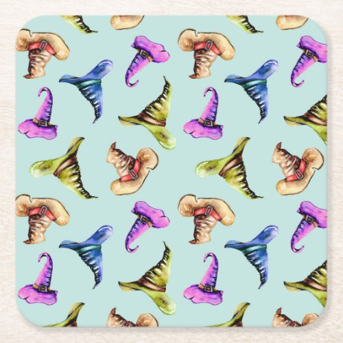 Watercolor old hats blue background square paper coaster
