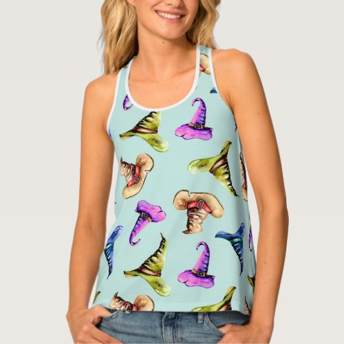 Watercolor old hats blue background tank top