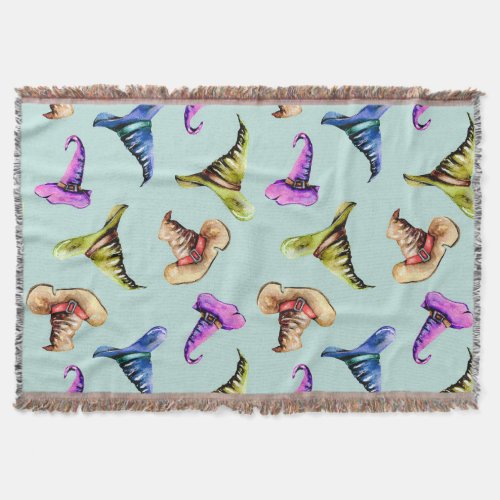 Watercolor old hats blue background throw blanket