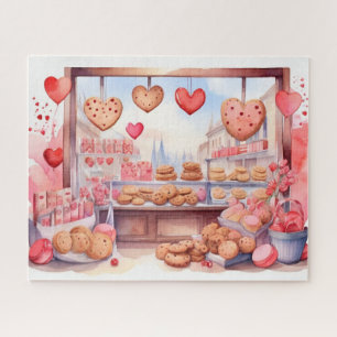 Watercolor Old Town Valentine's day Cookie Shop Jigsaw Puzzle