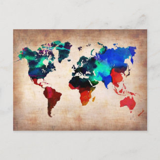 Watercolor old world map cute postcard