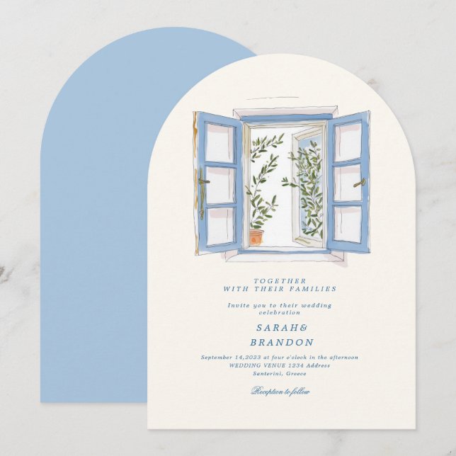 Watercolor Olive Blue tile Greece Wedding  Invitat Invitation (Front/Back)