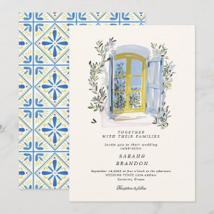 Watercolor Olive Blue tile Greece Wedding  Invitat Invitation
