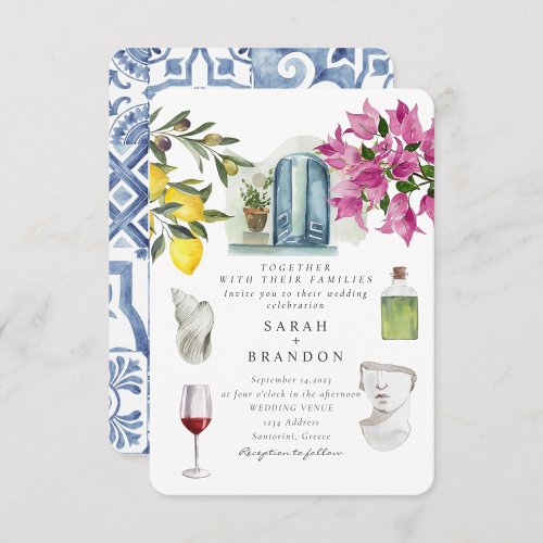 Watercolor Olive Blue tile Greece Wedding  Invitation