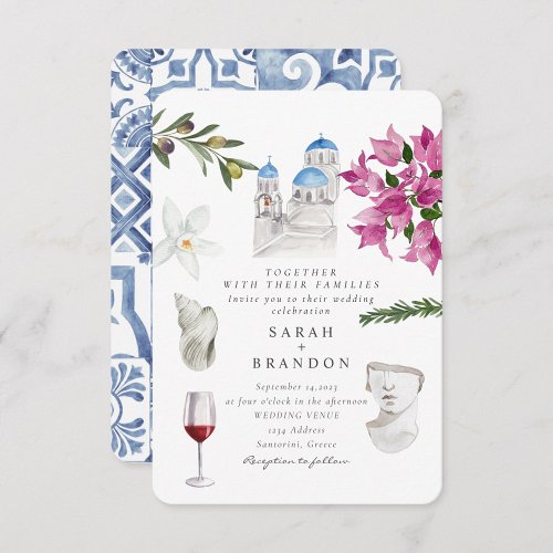 Watercolor Olive Blue tile Greece Wedding  Invitation