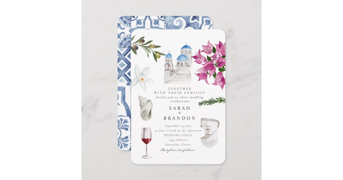 Watercolor Olive Blue tile Greece Wedding  Invitation