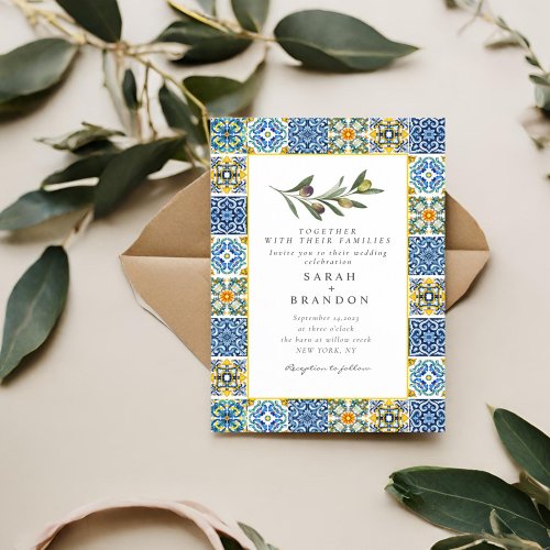 Watercolor Olive Blue tile Mediterranean Wedding I Invitation