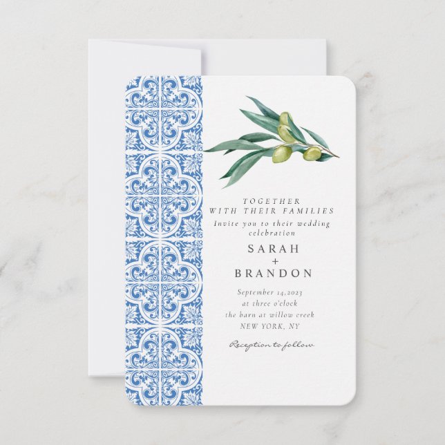Watercolor Olive Blue tile Mediterranean Wedding Invitation (Front)